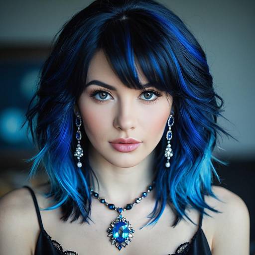 Girl with Black Wig and Blue Highlights