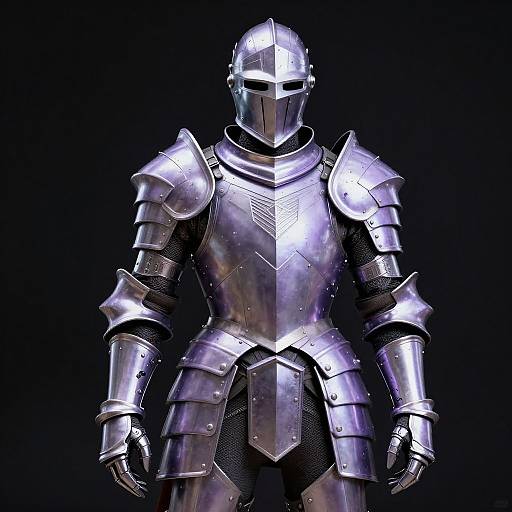 Photorealistic CGI of a medieval knight in shining, reflective silver plate armor with a helmet, standing against a black background.