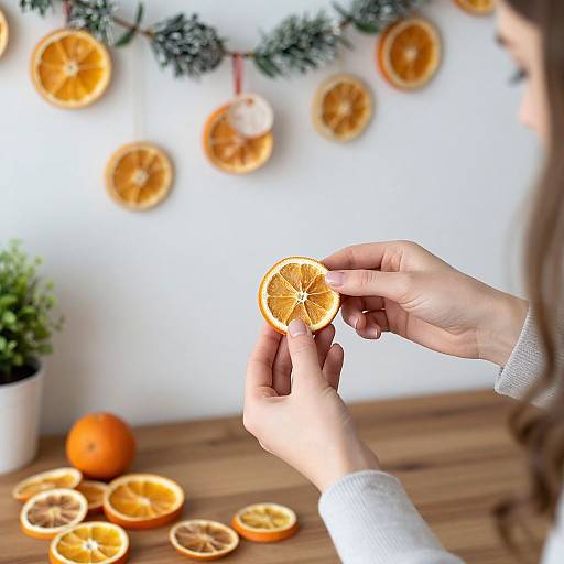Photograph of a person with light skin and brown hair, holding a dried orange slice above a wooden table, decorated with orange slices and a pine gar