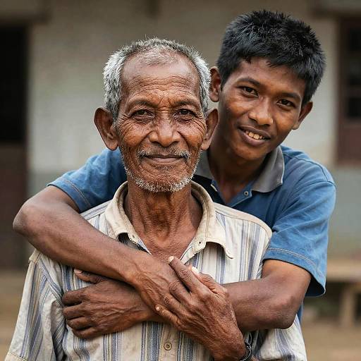 Elderly Man Hugging Two Boys