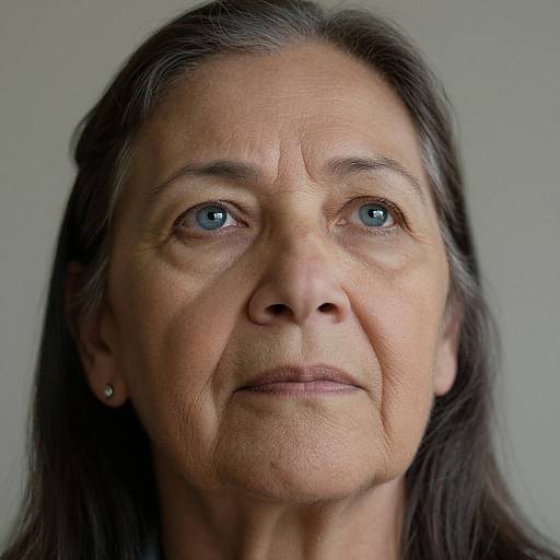 Close-up photograph of a middle-aged woman with fair skin, blue eyes, and long dark brown hair, wearing small stud earrings, with a neutral expression