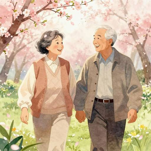 Elderly Friends Walking in Spring Garden
