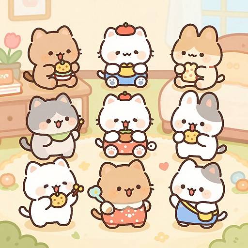Adorable digital drawing of nine chibi-style cats, each holding a burger, wearing colorful clothes, in a bright, pastel-colored room.
