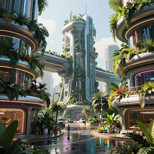 Futuristic Cyberpunk Cityscape with Lush Greenery