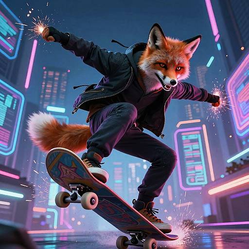 Quantum Hacker Fox Skateboarding Futuristic City