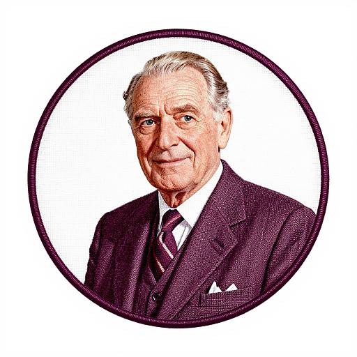 Photorealistic digital portrait of an elderly white man with gray hair, wearing a dark suit, white shirt, and striped tie, enclosed in a black