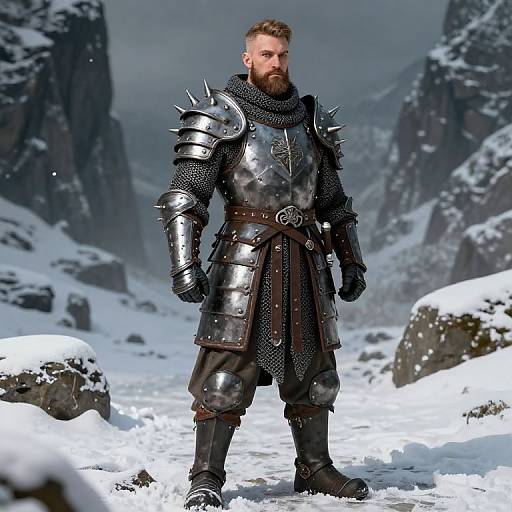 Photorealistic digital image of a bearded man in shiny black medieval armor with spiked shoulder plates, standing in a snowy mountain valley.