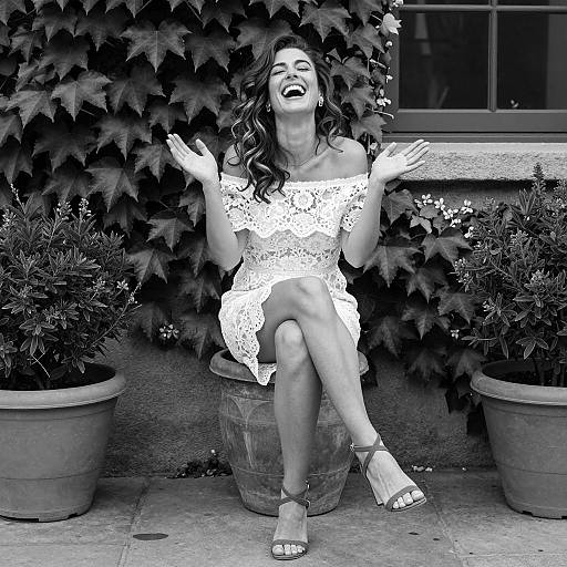 Joyful Woman in Lace Among Plants