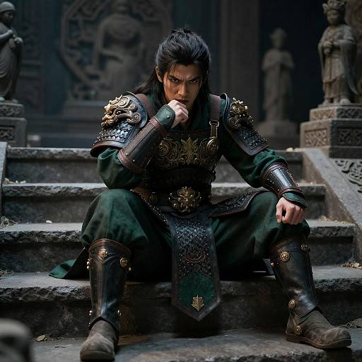 Intense Male Warrior in Green and Black Armor Sitting on Stone Steps
