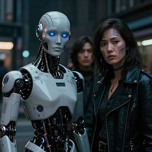 Photograph-style CGI: Cyberpunk scene with white robot with blue eyes, and dark-haired woman with futuristic face markings, leather jacket, urban night background