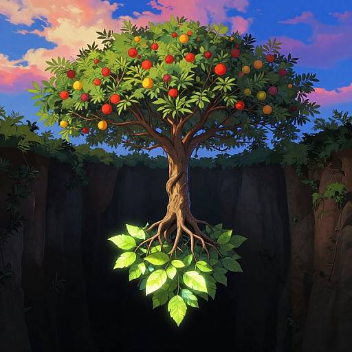 Digital illustration of a floating orange tree with vibrant red and yellow oranges, green leaves, and glowing lower leaves, set against a colorful sunset sky and dark