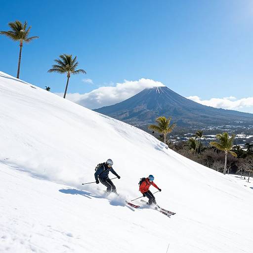 Photograph of two skiers, one in red, one in black, descending a snowy slope with a volcanic mountain and palm trees in the background under