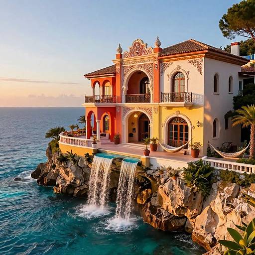 Photograph of a luxurious, ornate, two-story Mediterranean-style villa with arches, balconies, and waterfall, perched on a rocky cliff