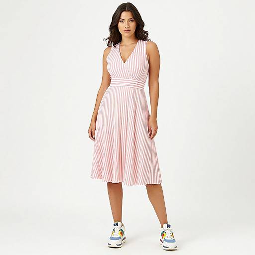 Photograph of a curvy woman with dark hair in a sleeveless, red-and-white pinstriped dress and white sneakers, standing against a