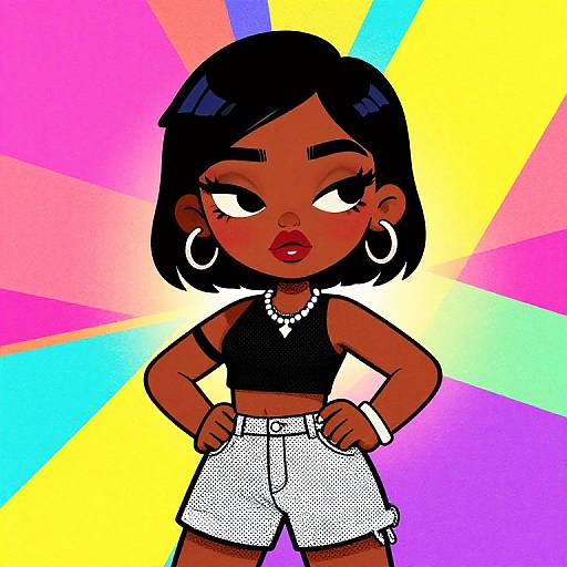Digital drawing of a confident, dark-skinned girl with black bob haircut, wearing a black crop top, white shorts, hoops, and necklace, against