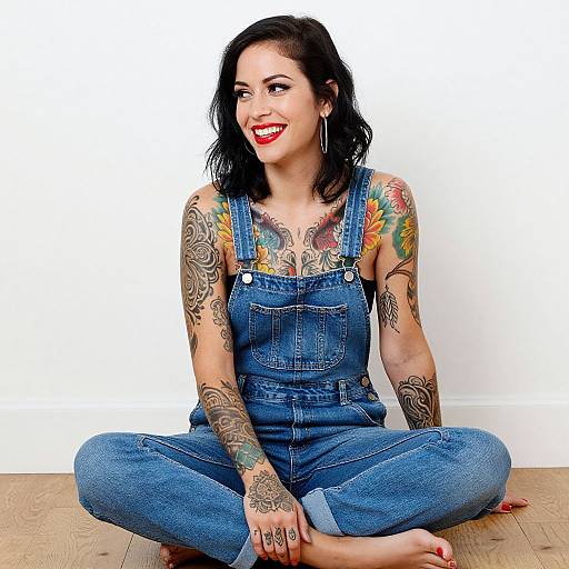 Tattooed woman with black hair, red lipstick, and blue denim overalls, sitting cross-legged on wooden floor, smiling against a white wall
