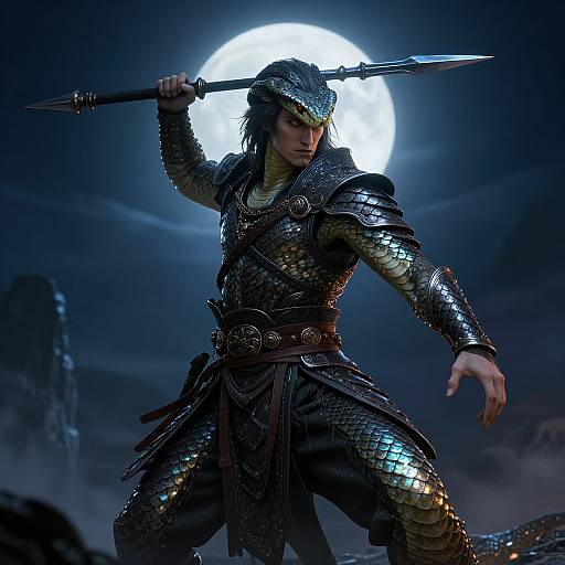 Photorealistic CGI of a fierce, dark-haired warrior in shiny, scale-patterned armor, holding a spear under a full moon, with misty