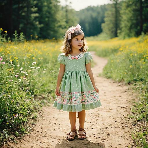 Young Girl in Floral Dress on Forest Path
