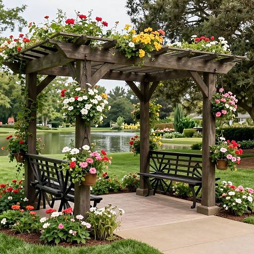 Photograph of a wooden pergola adorned with vibrant red, yellow, and white flowers, flanked by black benches, overlooking a serene lake in a