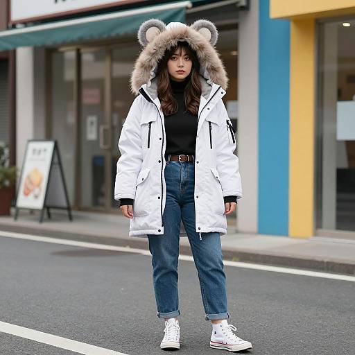 Young Woman in White Winter Parka with Mouse Ear Hood
