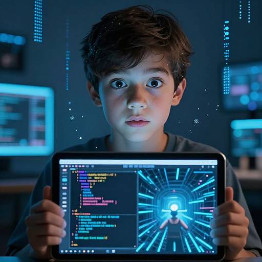 Photograph of a young boy with wide eyes, holding a tablet displaying coding and a blue, glowing radial interface in a dark, tech-filled room.