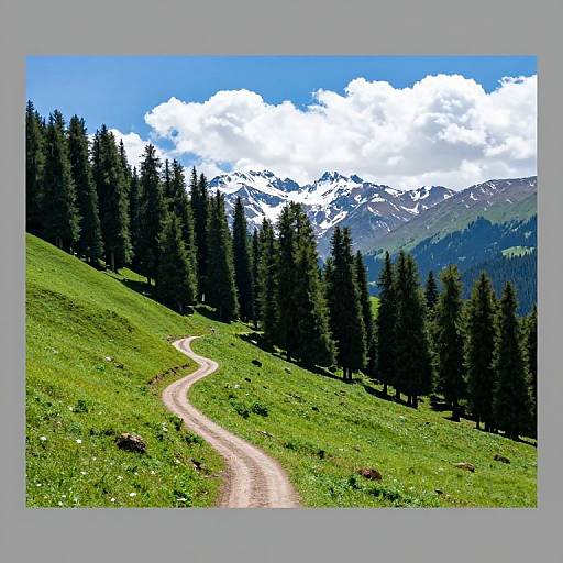 Photograph of a winding dirt path through a lush green meadow with tall pine trees, leading to snow-capped mountains under a bright blue sky with