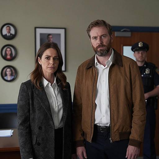 Two people standing in office with police officer background