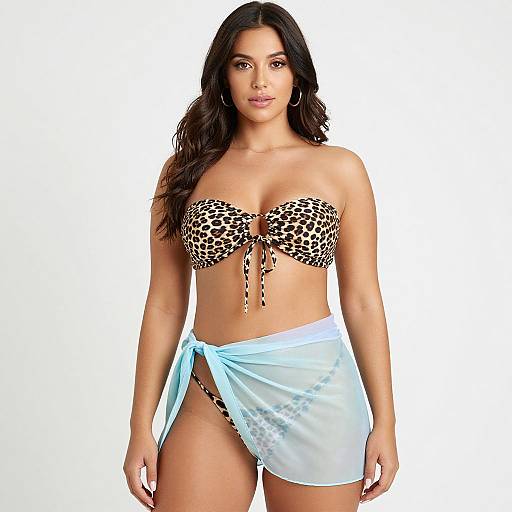Photograph of a curvy woman with long dark hair, wearing a leopard-print strapless bikini top and a light blue translucent sarong.