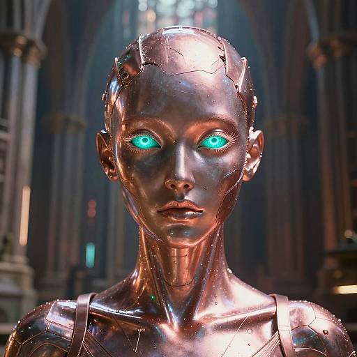 Photorealistic CGI of a shiny, metallic humanoid robot with glowing turquoise eyes, cracked headpiece, and slender neck, set in a dimly lit