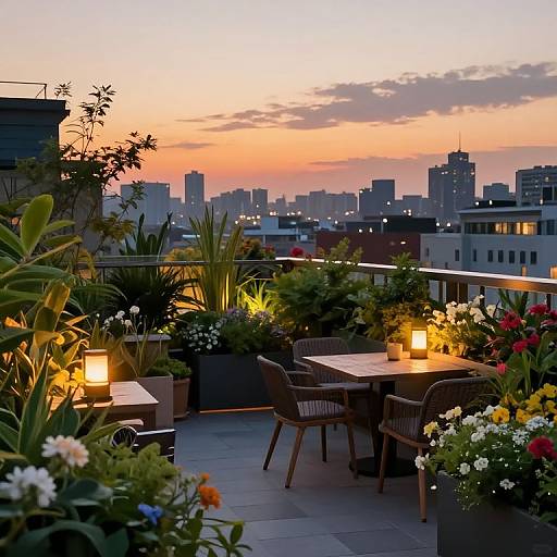 Urban Rooftop Garden at Sunset