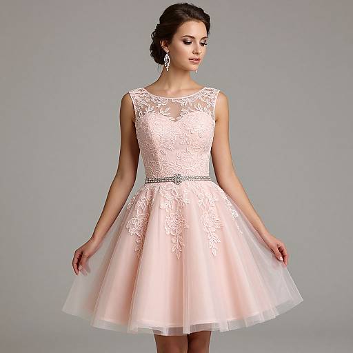 Photograph of a brunette woman in a sleeveless, pale pink lace dress with a flared tulle skirt, standing against a gray background. She