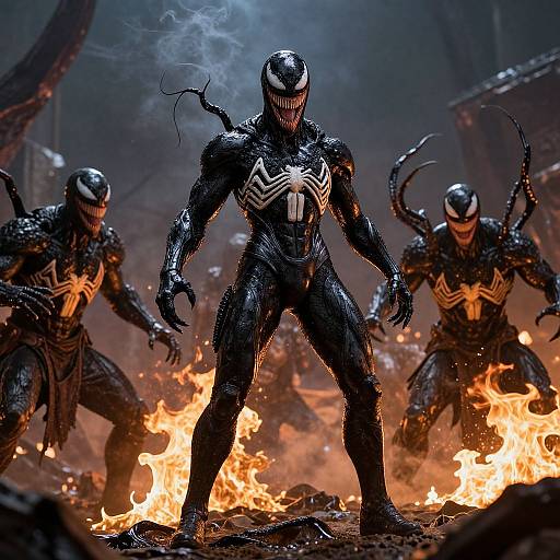 Photograph of Venomous Spider-Men, black symbiote suits with white spider symbols, standing amidst flames, dark, smoky background, intense and