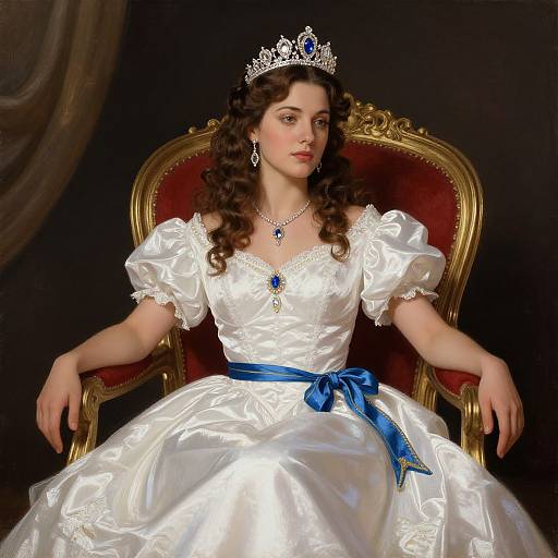 Digital painting of a fair-skinned woman with curly brown hair, wearing a white satin princess gown, blue ribbon, silver tiara, and necklace,