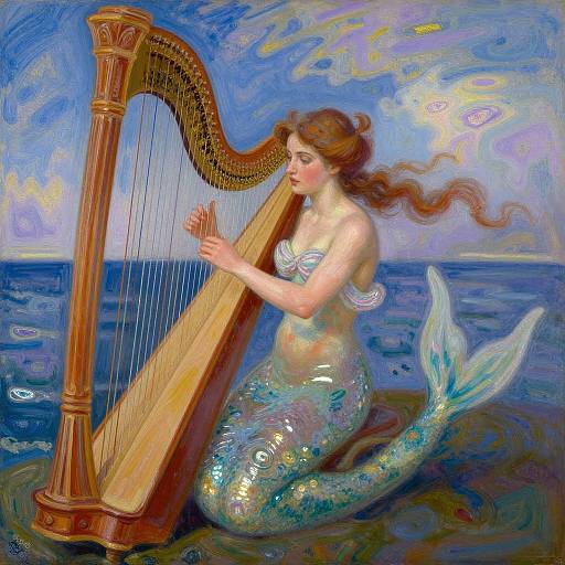 Digital painting of a mermaid with fair skin and red hair playing a wooden harp in a colorful, dreamy ocean scene.