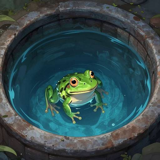 Digital artwork of a vibrant green frog with large orange eyes, floating in a blue, glowing, circular stone water basin.