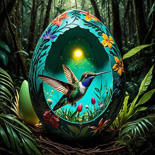 Whimsical Hummingbird in Easter Egg Shell