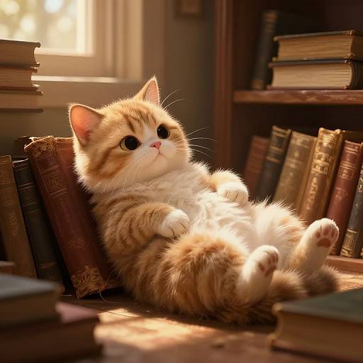 Photograph of a cute, orange and white tabby kitten with wide eyes, lying on its back amidst old, dusty books in a sunlit,
