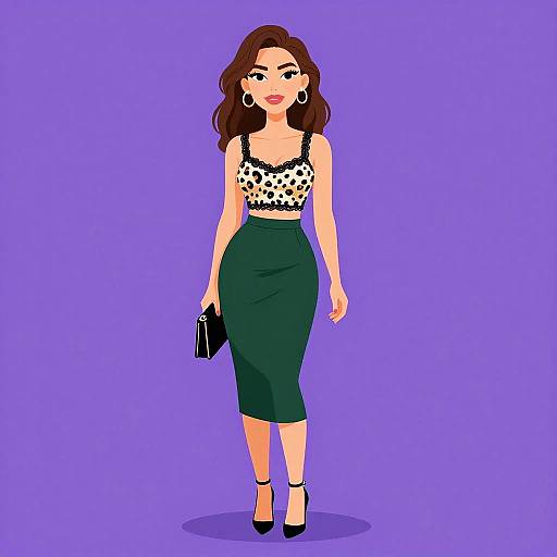 Digital illustration of a confident woman with wavy brown hair, wearing a polka-dot top, green pencil skirt, black heels, and holding a black