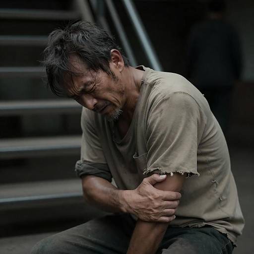 Rugged Wounded Man in Industrial Shadows