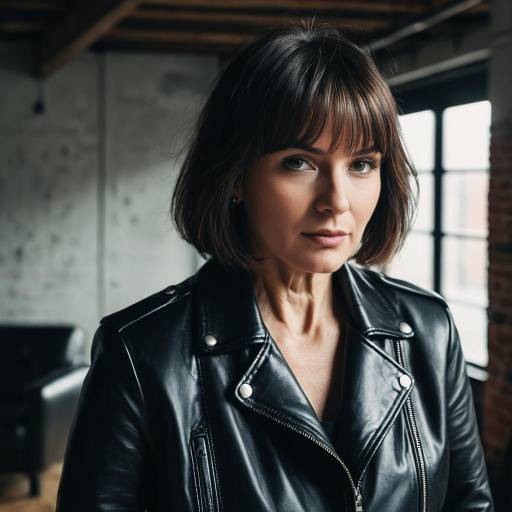 Mature Woman with Curtain Bangs and Leather Jacket