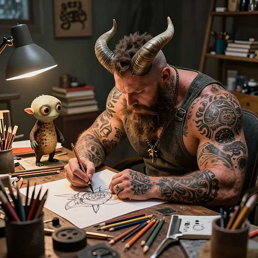 Photograph of a heavily tattooed, horned, bearded man drawing intricate black ink design on white paper in dimly lit workshop.
