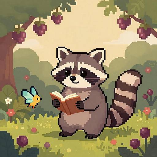 Pixel art of a cute raccoon reading a book in a sunny forest, with a blue butterfly and colorful flowers around.