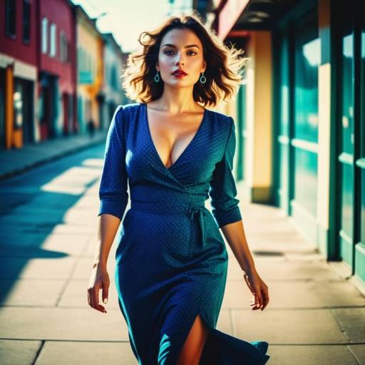 Photograph of a confident brunette woman in a red and green belted dress, walking down a sunlit autumn street with parked cars and illuminated storefronts