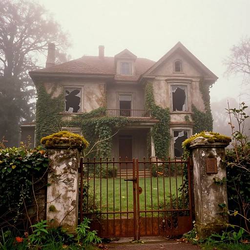 Photograph of an eerie, two-story, ivy-covered, abandoned mansion with broken windows, foggy background, and a rusted iron gate fl