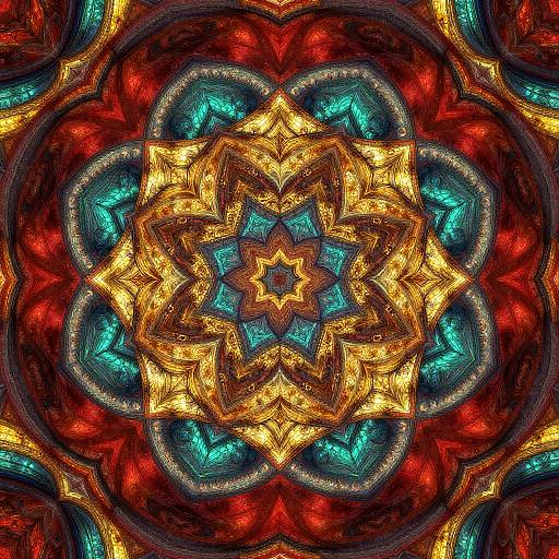 Vibrant digital abstract art featuring a complex, symmetrical pattern of golden, red, and teal layers, with intricate, glowing, starburst shapes