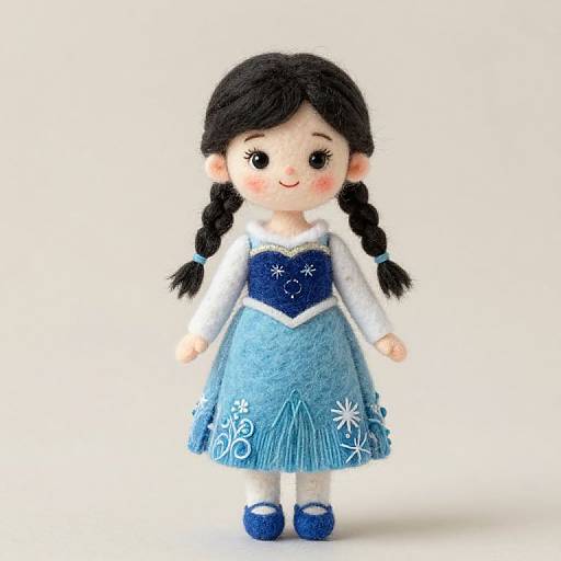 Photograph of a cute, handmade felt doll with black braided hair, blue dress with white snowflake patterns, blue heart top, white sleeves,