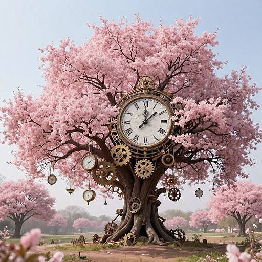 Photorealistic digital art of a cherry blossom tree with a clock and gears integrated into its trunk, surrounded by blooming trees and a clear blue sky