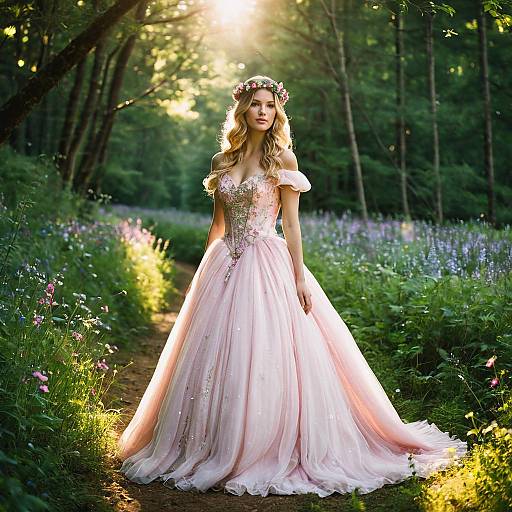 Woman in Pink Ball Gown on Forest Path