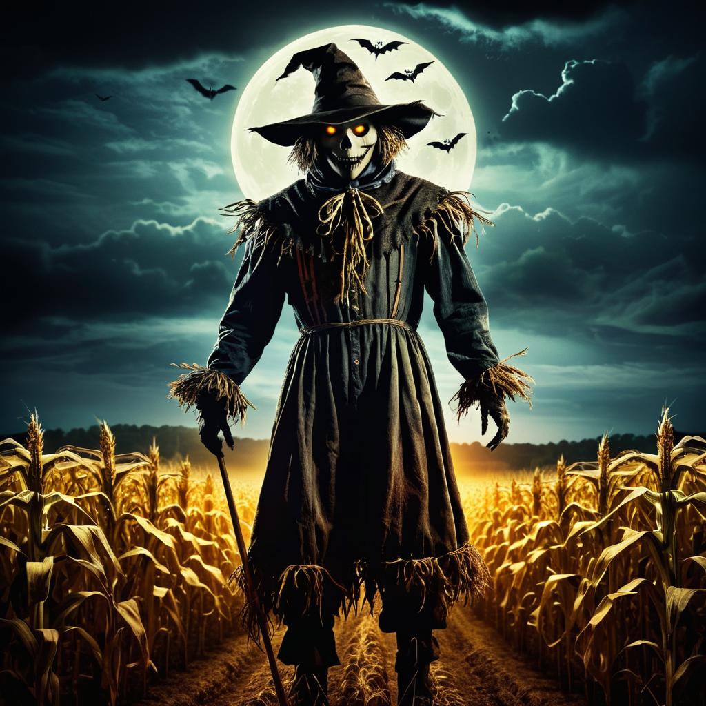 Sinister Scarecrow in Moonlit Cornfield