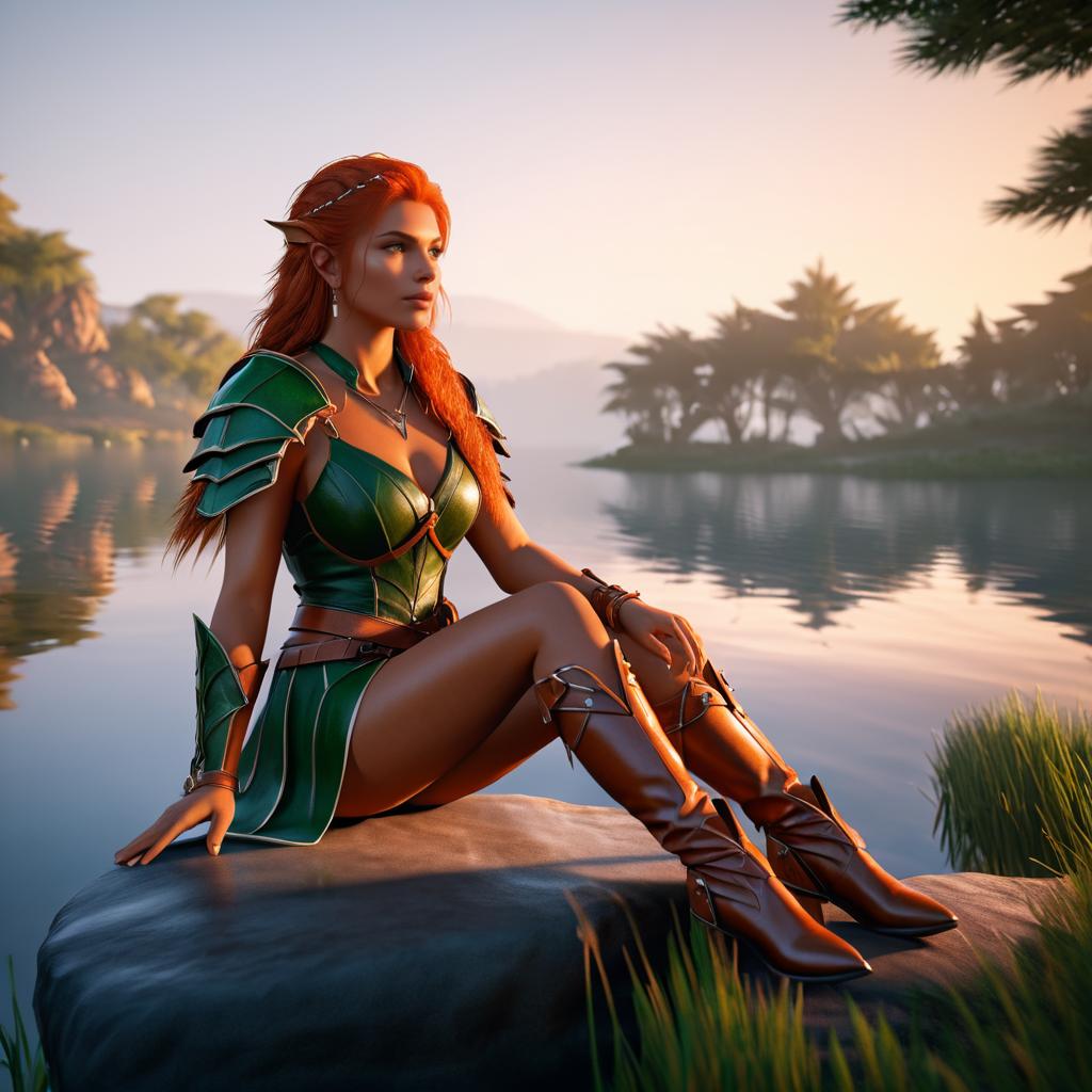 Enchanting Redhead Elf Warrior by the Lake